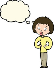cartoon woman gesturing at self with thought bubble