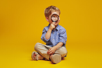 Positive curious schoolboy sitting on studio floor with crossed legs while looking away through...