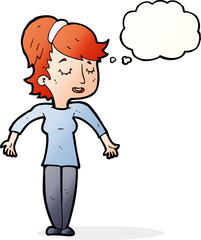 Obraz premium cartoon friendly woman shrugging shoulders with thought bubble