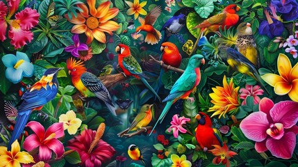 A colorful congregation of tropical birds, perched among the vibrant blooms of a tropical rainforest, their melodious songs filling the air with a symphony of sounds as they go about their daily ritua - obrazy, fototapety, plakaty