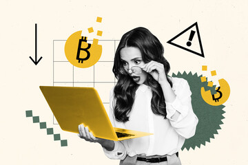 Composite photo collage of pretty shocked woman hold laptop loss bitcoin glasses trader miner...
