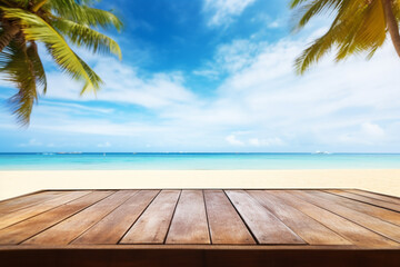 Wood table top on blur beach background used for display or montage your products, travel and relax activity concept