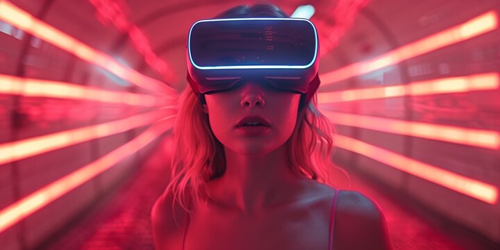 Female using VR helmet. Augmented reality, future technology, game concept. Red neon light. Futuristic holographic interface to display data.