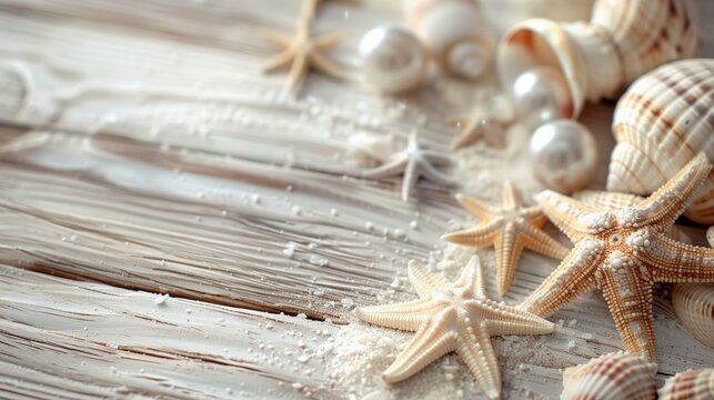 pearl, sea shells, and starfish on a white wooden background with space for text. Summer beach concept.