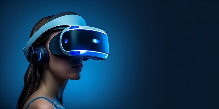 Female using VR helmet. Augmented reality, future technology, game concept. Red neon light. Futuristic holographic interface to display data.