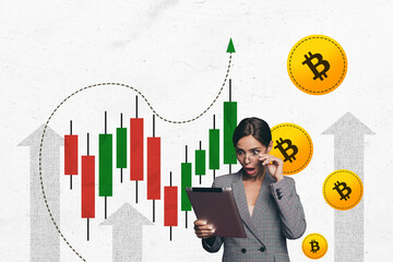Composite photo collage of pretty shocked woman hold tablet bitcoin glasses trader miner crypto arrow up isolated on painted background - Powered by Adobe