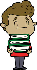 happy cartoon man with stack of new books