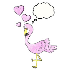freehand drawn thought bubble textured cartoon flamingo in love