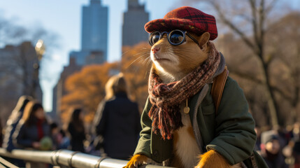 Envision a chic squirrel in a faux fur stole, paired with oversized sunglasses and a statement necklace. Against a backdrop of city parks, it exudes urban sophistication and flair. Mood: trendy and co