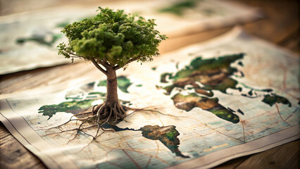 Árbol frondoso y verde con raíces sobre un mapa de la tierra. Concepto Día de la tierra.  - obrazy, fototapety, plakaty