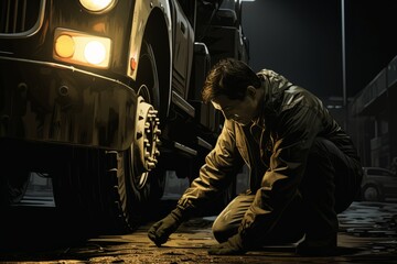 Fototapeta premium A worker inspecting the catalytic converter on a truck