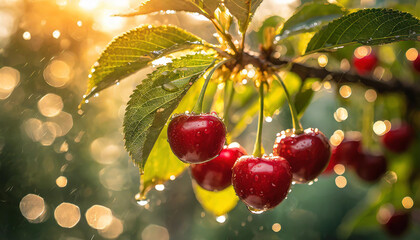 Close-up of ripe red cherries growing on branch with green leaves and water drops. Garden fruit tree