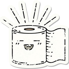 worn old sticker of a tattoo style toilet paper character