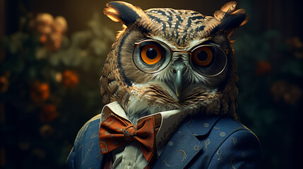 Visualize a sophisticated owl in a tailored vest, complete with a silk bow tie and spectacles. Against a backdrop of ancient trees, it exudes wisdom and scholarly charm. Mood: intellectual and refined