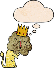 cartoon lion with crown with thought bubble in grunge texture style