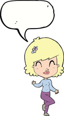 cartoon pretty woman dancing with speech bubble