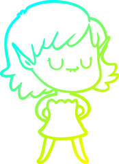 cold gradient line drawing of a happy cartoon elf girl wearing dress