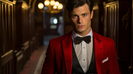 Imagine a dapper rabbit in a velvet smoking jacket, complete with a silk ascot and a top hat. Amidst a backdrop of Victorian architecture, it exudes old-world charm and refined taste. Mood: classic an - obrazy, fototapety, plakaty