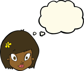 cartoon happy female face with thought bubble