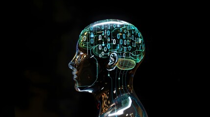 brain inside head with binary code written on it on a black background, artificial intelligence, ai