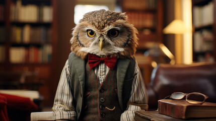 Envision a debonair owl in a tweed vest, paired with a bow tie and a leather satchel. Amidst a backdrop of library shelves, it exudes scholarly charm and intellectual refinement. The ambiance: studiou - obrazy, fototapety, plakaty