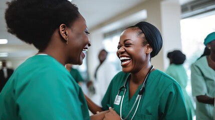 The break room comes alive with laughter as these medical staff members take a pause from their duties, cherishing moments of relaxation and rejuvenation - obrazy, fototapety, plakaty
