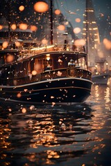 Vintage sailing ship on the water with bokeh effect. - obrazy, fototapety, plakaty