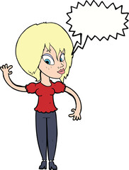 cartoon woman waving with speech bubble