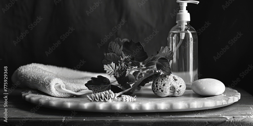 Poster a black and white photo of a bottle of liquid soap and various items on a table. suitable for househ