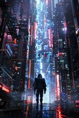 A man walking through a city at night. Suitable for urban lifestyle concepts