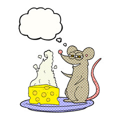 freehand drawn thought bubble cartoon mouse with cheese