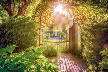 Sunlight Through Garden Gate: Path to Tranquility