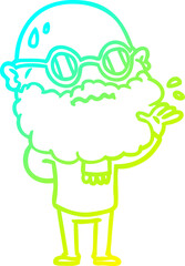 cold gradient line drawing of a cartoon worried man with beard and spectacles
