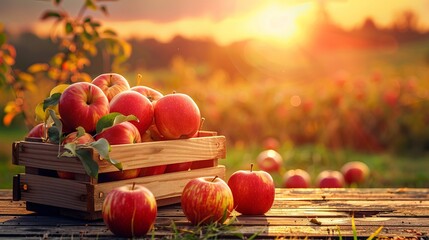 Apples in Wooden Crate on Table at Sunset: Autumn and Harvest Concep