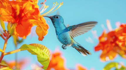 Fototapeta premium Beautiful hummingbird captured in flight near a colorful flower. Perfect for nature and wildlife themes