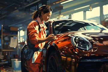 Obraz na płótnie Canvas A woman is hard at work painting a car in a busy body shop, focusing intently on ensuring a flawless finish. She is surrounded by tools and equipment essential for the painting process