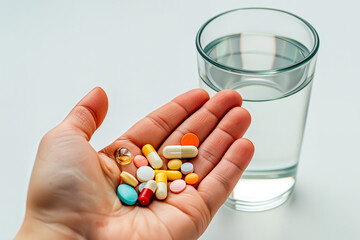 Handful of Pills. Pills in hand, glass of water in the background. Medication and Healthcare Concept 