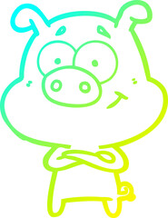 cold gradient line drawing of a happy cartoon pig