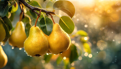 Close-up of ripe yellow pears growing on branch with green leaves and water drops. Garden fruit tree