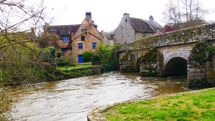 Bridge over the Sarthe river at Saint-Céneri-le-Gérei in the Orne Alpes Mancelles region France...