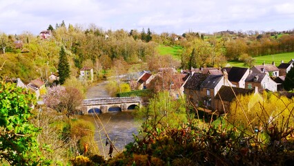 Bridge over the Sarthe river at Saint-Céneri-le-Gérei in the Orne Alpes Mancelles region France Europe - obrazy, fototapety, plakaty