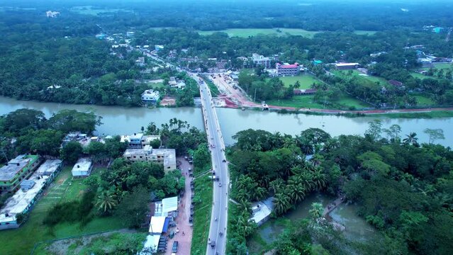 an Aerial view small Bridge in Village Road In Bangladesh