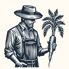 Farmer with Hat holding huge carrot. Vintage woodcut engraving style vector illustration.