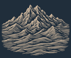Mountains engraving. Vintage woodcut engraving style vector illustration.
