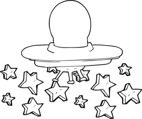 freehand drawn black and white cartoon flying saucer