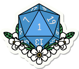 sticker of a natural one dice roll with floral elements