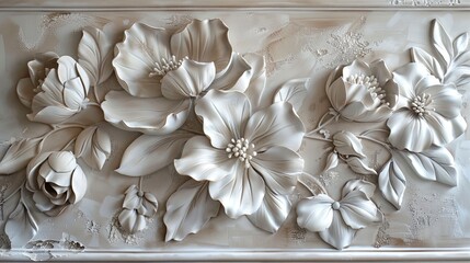Light decorative texture of plaster wall with volumetric decorative flowers.