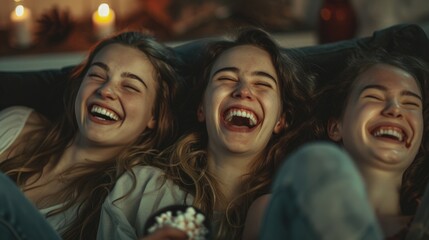Three girls having fun watching a movie, suitable for entertainment industry promotion - obrazy, fototapety, plakaty