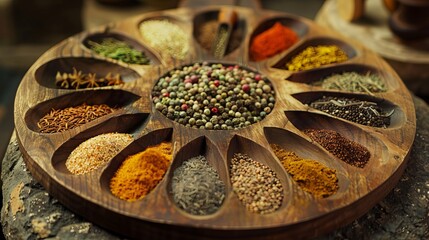 A Circle of Wooden Spoons Holding an Array of Assorted Spices Rests on a Rustic Stone Tabletop. This Vibrant Display Resembles an Exotic Oriental Spice Market, Brimming with Colorful Herbs and Seasoni - obrazy, fototapety, plakaty