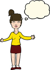 cartoon woman shrugging shoulders with thought bubble